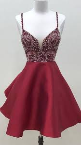 Short Mini Burgundy Homecoming Dress V Neck Spaghetti Straps Beading Cocktail Dres Short Red Prom Dresses Burgundy Homecoming Dresses Homecoming Dresses Short