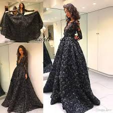 Black Ball Gown Prom Pageant Dresses Scoop Neck With 3d Rose Flower Formal Evening Gowns Plus Size Long Sleeve Vestidos De Fiesta Tea Length Evening Dresses Two Ball Gowns Prom Prom