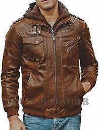 Mens Distressed Biker Brown Vintage Cafe Racer Real Leather Detach Hood Jacket Brown Leather Motorcycle Jacket Leather Jacket Men Leather Jacket Outfit Men