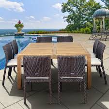 Amazonia Teak Georgia 8 Person Patio Dining Set With Teak Table And Stacking Chairs Bbqguys Wood Patio Patio Dining Set Teak Outdoor Furniture