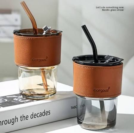 Glass Mug with Lid and Straw 435ML Clear Glass Can Mug Water Drinking Soda Glass Sipper Tumbler Jar with Lid, Silicone Straw and Leather Sleeve Aesthetic Cold Coffee Milk Mug Tea Cup