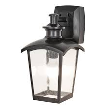 Qcoqce motion sensor outdoor wall lantern, aluminum dusk to dawn wall sconce with clear glass shade, exterior waterproof matte black wall mount porch light fixture for outside, doorway, entryway. Spence 1 Light Outdoor Wall Lantern With Seeded Glass And Built In Gfci Outlets Black Finish Walmart Com Walmart Com