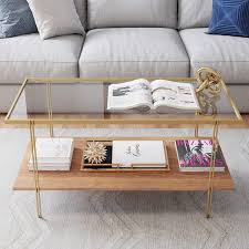 Sourcing guide for wood glass coffee table: Amazon Com Nathan James Asher Mid Century Rectangle Coffee Table Glass Top And Rustic Oak Storage Shelf With Sleek Brass Metal Legs Gold Furniture Decor
