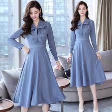 Women Midi Blue Work Office Dress Autumn Winter Long Sleeve Casual Preppy Vintage Lady Dress Korean Slim Elegant Runway Vestidos In 2020 Vintage Midi Dresses Korean Dress Womens Dresses