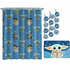 This set of shower curtains and rugs has a unique design that comes in vibrant colors. Star Wars The Mandalorian And Grogu 14pc Shower Curtain And Rug Set 218612 Ideal World