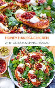 Chicken Quinoa Salad With Honey Harissa Tahini Yoghurt Recipe Free Chicken Recipes Harissa Chicken Chicken Quinoa