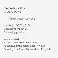 Jun 29, 2021 · baca juga: Lowongan Kerja Nyonya Terasi Batam Centre Bursa Kerja Batam