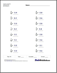 Fractions As Decimals For Fractions To Decimals Tenths And