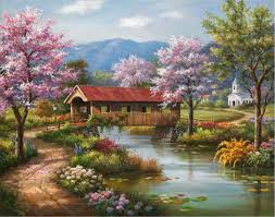 Sung Kim Covered Bridge in Spring painting anysize 50% off - Covered Bridge  in Spring painting for sale