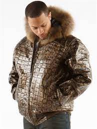 Basic Fur Hood Bronze Black Metallic Croc Leather Jacket Men Fur Leather Jacket Leather Jacket