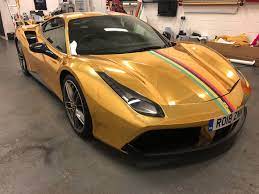 Color change with vinyl with b&c design car wrapping company. Chrome Gold Wrap Ferrari 488 Gtb Wrapping Cars London