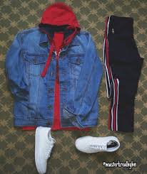 Washed Out Denim Jacket Red Hoodie Underneath Sportswear Striped Pants And White Old Skoll Vans I Hoodie Outfit Men Red Hoodie Outfit Denim Jacket With Hoodie