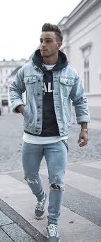Black And Blue Denim Jacket Denim On Denim Outfit Ideas For Men Hoodie Outfit Men Stylish Men Casual Mens Casual Outfits