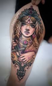 Neo Traditional Portrait Girl Freya Sword Girly Tattoo Tatuagens Fazer Uma Tatuagem Tatuagem
