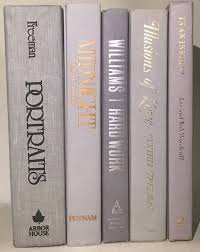 A Beautiful Large Set Of 5 Complementary Matched Decorative Books With Light Gray Bindings Assorted Titles In Metallic S Book Decor Book Lights Vintage Books
