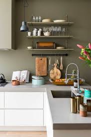 Kuche Weiss Modern Schlicht Grifflos Arbeitsplatte Grau Wandfarbe Oliv Regal Einrichten Wohnen Dekorieren Interieur Int Wohnung Kuche Kuche Grun Wandfarbe Kuche
