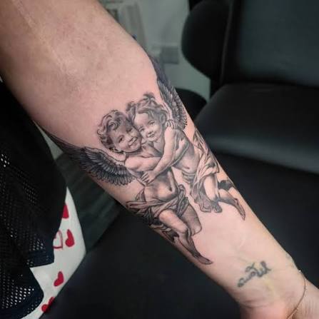 Did a twin cherub tattoo on my partner yesterday! #cherub#cherubtattoo# cherubs#cherubink#newtattoonew