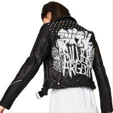 Zara Black Graffiti Studded Faux Moto Jacket Size 12 L Custom Leather Jackets Leather Jacket Studded Leather Jacket