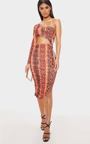 Orange Snake Print One Shoulder Cut Out Dress Prettylittlething Il