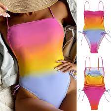 Women Swimsuit Gradient Color Wire Free Off Shoulder Sling Swimwear One  Piece | eBay