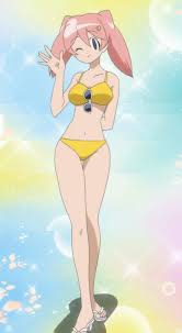 pururu, keroro gunsou, absurdres, highres, stitched, third-party edit,  1girl, arm behind back, bikini, collarbone, full body, hair ornament,  heart, heart hair ornament, narrow waist, navel, one eye closed, pink hair,  sandals, solo, sparkle, sparkle background ...