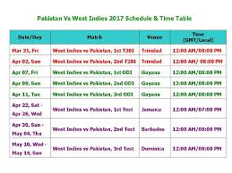 West indies won the toss, and chose to field as they hope to regain the series lead in the third t20i against south africa at the national cricket stadium in st george's, grenada. Learn New Things Pakistan Vs West Indies 2017 Schedule Time Table