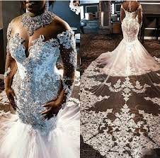 Crystal Beaded African Mermaid Wedding Dresses With Illusion Long Sleeve 2020 Sheer High Neck Cathedral Train Princess Wedding Gown Wedding Dresses For 2015 Wed Lace Mermaid Wedding Dress Bridal Dresses Lace