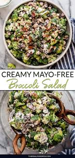 Creamy Mayo Free Broccoli Salad The Real Food Dietitians Recipe Broccoli Salad Healthy Broccoli Salad Broccoli Dishes