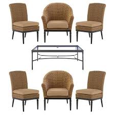 All patio dining sets can be shipped to you at home. Home Decorators Collection Camden 7 Piece Seagrass Light Brown Wicker Outdoor Patio Dining Set With Cushionguard Toffee Tan Cushions Yahoo Shopping