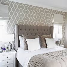 Traditional Grey Bedroom With Patterned Wallpaper And Headboard Master Bedroom Wallpaper Bedroom Interior Wallpaper Design For Bedroom