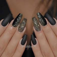 Coffin Acrylic Nails Black And Glitter Matte Black Glitter Coffin Nails Acrylicnails Gorgeous Nails Gold Nails Prom Nails