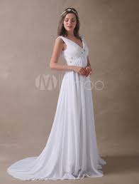 White Deep V Neck Empire Waist Satin Chiffon Wedding Dress Empire Waist Wedding Dress Empire Wedding Dress Luxury Wedding Dress