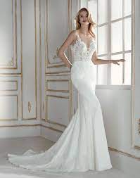Pandora A Luxurious Soft Satin Skirt Is Complimented By A Fitted Lace Bodice And Flowy Lace Form Fitting Wedding Dress Wedding Dresses Fitted Wedding Dress
