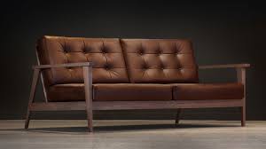 Contemporary classic living room, beige leather sofa. The Mid Century Show Wood Sofa Brown Leather Century Modern