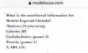 Learn about the number of calories and nutritional and diet information for . Modelo Brewed In Mexico Chelada Beer Calories Nutrition Analysis More Fooducate