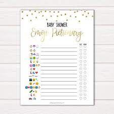 Gold Baby Shower Games Baby Emoji Pictionary Game Printable Etsy Printable Baby Shower Games Gold Glitter Baby Shower Baby Shower Printables
