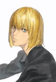 mello (death note), death note, commentary, hashtag-only commentary,  highres, 1boy, black shirt, blonde hair, blue eyes, closed mouth, hair  between eyes, long sleeves, looking at viewer, male focus, ouragan90416059,  shirt, short hair,