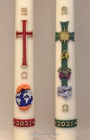 Beeswax candles decorated by the sisters for the paschal service for children, youth & adults.|bougies à la cire d'abeille décorées par les sœurs pour le service pascal pour enfants, adolescents et adultes. Paschal Candle Decorations Wax Art Studio