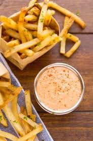 10 essentials for actually crispy fries: Fries With Homemade Recipe For Fry Sauce In Cup Sweet Potato Dipping Sauce Sweet Potato Recipes Fries Homemade Sweet Potato Fries