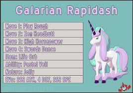 Pokemon lets go rapidash best moves from leveling and using hms/tms, evolutions, where to find and catch rapidash and its type weaknesses. The Pokemon Strategy Dex Galarian Rapidash Moves Play Rough Is Galarian