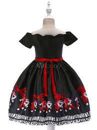 Little Girls Dresses Black Christmas Santa Claus Printed Satin Bateau A Line Short Sleeve Party Dress Santa Cl Kids Party Dresses Kids Dress Childrens Dress