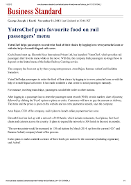 Yatrachef In Business Standard Yatrachef Foodintrain Irctc Traveling By Yourself Meal Train Recipes Fresh Food