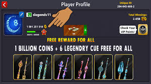 This article is a list of all of the cues which that are or were once available in 8 ball pool. 8 Ball Pool 1 Billion Coins 6 Legendary Cues Reward Link