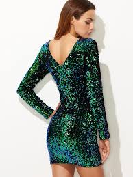 V Back Sequin Bodycon Mini Dress Long Sleeve Cocktail Dress Green Sparkly Dress Bodycon Dress