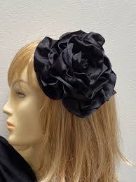 Large Black Fabric Flower Hair Clip: Wired Taffeta Rose Brooch