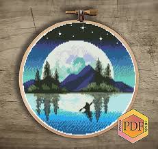 We specialize in spooky and funny halloween patterns. Moon Watercolor Modern Cross Stitch Pattern Pdf Mountain Etsy Nature Cross Stitch Cross Stitch Landscape Cross Stitch