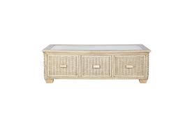 The simple, geometric design is complemented by block feet in an antique washed mango wood. Surf Wicker Cane Rattan Conservatory Furniture Coffee Table 3 Drawers