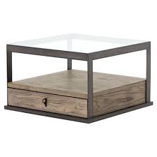 Jener Industrial Loft 1 Drawer Brown Oak Wood Square Glass Top Coffee Table Coffee Table Furniture Glass Top Coffee Table