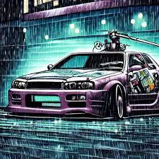 KREA - beautiful hyper-detailed full colour manga illustration of a robot  with a sword, attacking a Nissan skyline r34, cyberpunk, dystopian, rain,  car wreck