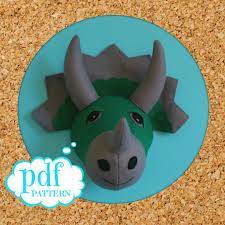 Dinosaur Head Sewing Pattern Faux Taxidermy Felt Triceratops Boys Room Decor Dino Wall Bust Jurassic Wall Art Green And Grey Felt Dinosaur Head Animal Heads Faux Taxidermy